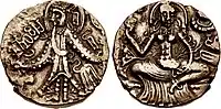 Coin in the name of Sri Tujina. Circa 7th century CE, Kashmir. Obverse: King in Kushan style, legend to left: "Sri Tu[jina]". Reverse: goddess on a lotus, legend to left: "Jaya", to right: "Kidara".