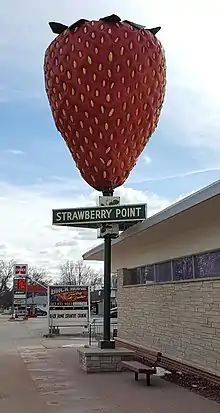 15 foot tall fiberglass sculpture of a strawberry on top of a 15-foot pole.