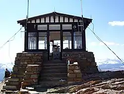 Swiftcurrent Fire Lookout at the summit of Swiftcurrent Mountain