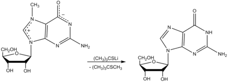 Lithium 2-methylpropane-2-thiolate reaction with 7-methylguanosine.