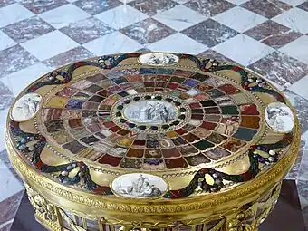 Louis XVI style festoons on the Table de Teschen, by Johann Christian Neuber, 1775-1800, gilt bronze, semiprecious stones, porcelain, and wood, Louvre