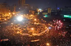 Large nighttime demonstration with fireworks