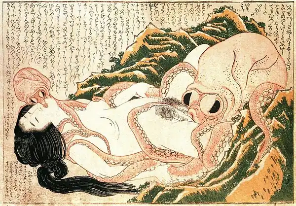 Image 7The Dream of the Fisherman's Wife, an erotic woodcut made circa 1820 by Hokusai.