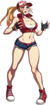 An illustration of Terry from SNK Heroines, where he has been turned into a woman, and wears a feminine variant of his regular outfit that bares a lot of skin.