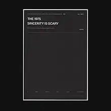 A photo of a gray rectangular box surrounded by a thick black border. Written in the upper left corner of the box are the words "The 1975" and "Sincerity Is Scary".