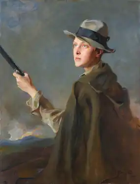 Portrait of Alfonso, portrayed in hunting outfit, holding a side-by-side "Sarasqueta" gun, by Philip de László, 1927.