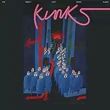 A painting of dozens of blue-clad masked figures standing and facing forward, beneath stylized font spelling "Kinks"