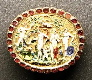 Renaissance hat badge that shows the Judgment of Paris, 16th century, enamelled gold, British Museum