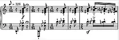 Measures of music starting in 3/16, changing to 2/16, then back, and so forth; polytonal chords are tightly placed throughout