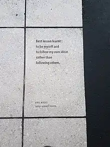 Words etched into a concrete paver by Avis Higgs. They say "Best lesson learnt: to be myself and follow my own ideas rather than follow others."