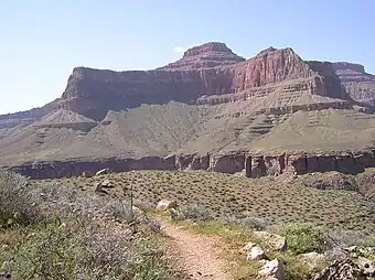 The Tower of Set on Inner Gorge-(east Granite Gorge).(View, from across Granite Gorge (south side, short Tapeats Sandstone cliffs visible at top of Gorge), from the Tonto Trail.)