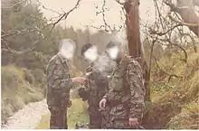 Ulster Defence Regiment soldiers in South Armagh wearing 1968 Pattern DPM combat jackets and trousers, with green shirts and berets. This was the basic temperate combat uniform during the 1970s and early 1980s, worn with green sweaters, ankle boots and puttees, and 1958 Pattern webbing.