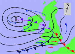 Image 4A fictitious synoptic chart of an extratropical cyclone affecting the UK and Ireland. The blue arrows between isobars indicate the direction of the wind, while the "L" symbol denotes the centre of the "low". Note the occluded, cold and warm frontal boundaries. (from Cyclone)