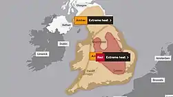 A map of the United Kingdom, showing that amber weather warnings are in place for some of Scotland and all of England, with red weather warnings in place from Manchester to London.