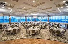 A view from the stage of Founders Hall, the University's main ballroom, prepared for a banquet