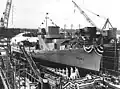 USS Fiske on 14 March 1943 ready for launching at the Consolidated Steel Corporation Shipyard in Orange, Texas.