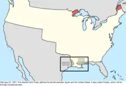 Map of the change to the international disputes involving the United States in central North America on February 22, 1821