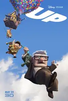 A house is in the air, lifted by balloons. Dug, a dog, Russel, a boy and Carl Fredricksen, an old man, hang beneath on a garden hose. "UP" is written in the top right corner. The release date "May 29" is displayed on the bottom left corner.