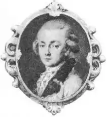 Black and white face of a young man with a powdered wig.