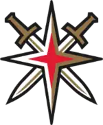 A four-pointed red star, with a white and gold inner border and black outer border. Underneath the star are two crossed swords with gold hilts and a black outline.