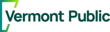 A tall four-sided incomplete outline, similar to the shape of Vermont, in a gradient of two shades of bright green. The outline is cut off on the right around the words "Vermont Public" in a sans serif in dark green.