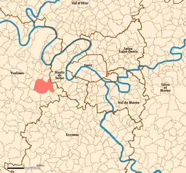 Location (in red) within Paris inner and outer suburbs