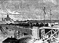 Print showing translation of the remains of Calderón de la Barca from the Royal Basilica of Saint Francis the Great to the cemetery of san Nicolás, by the original viaduct of the  Segovia street, in 1874.