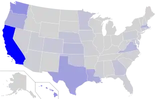 Map of the U.S., with states with more Vietnamese speakers in darker blue