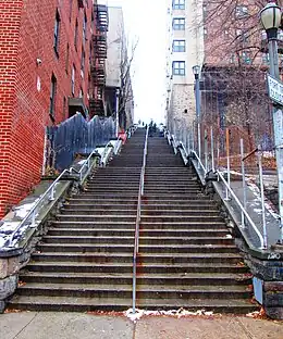 Nine flights of stairs connect Overlook Terrace and Fort Washington Avenue at West 187th Street