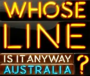 The logo for Whose Line Is It Anyway? Australia, done in a style of neon light lettering on a mixed background of reflective blackness and reflective wooden planks (Whose Line in yellow neon, Australia in blue neon, the rest in white neon).