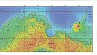 MOLA map showing boundaries of Syrtis Major Planum and other regions.  Colors indicate elevations.