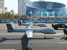 An air force CAIG Wing Loong during a Defender of the Fatherland Day parade on Independence Square in Astana.