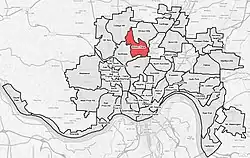 Spring Grove Village (red) within Cincinnati, Ohio