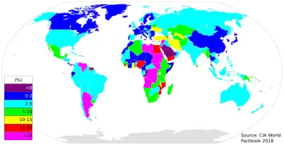 A map of the world with different regions colored in correlating to inflation rates