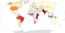 Map showing self-reported religiosity by country. Based on a 2015 worldwide survey by Pew.