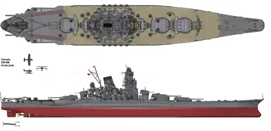 Image 1Japanese battleship YamatoImage: AlexplA line drawing of the Japanese battleship Yamato, the lead ship of the Yamato class of battleships that served with the Imperial Japanese Navy during World War II. Named after the ancient Japanese Yamato Province, she was launched on 8 August 1940 and served as the flagship of the Japanese Combined Fleet in 1942.More selected pictures