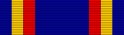 Dark blue ribbon with medium-width dark blue, yellow, and orange stripes at each border