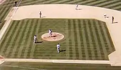 Yankees' fielders huddling on the pitcher's mound during an August 2001 away game