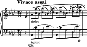 
\new PianoStaff <<
\new Staff = "Up" \with { \magnifyStaff #3/4 } <<
\new Voice \relative c' {
\clef treble
\tempo "Vivace assai"
\set Score.tempoHideNote = ##t \tempo 4. = 152

\time 12/8
\key aes \major
\partial 8
ees8 aes_\markup{\italic dolce} \(<c aes'> (bes) <des bes'>-> (b) <d b'> (c) <ees c'> (cis) <e cis'>-> (d) <f d'> (\hide r8)\)
}
>>
\new Staff = "Down" \with { \magnifyStaff #3/4 } <<
\new Voice \relative c{
\clef bass
\key aes \major
\stemDown
\mergeDifferentlyHeadedOn
r8 aes_\markup{\italic legato} \sustainOn ([c' aes ees ees' aes,]) aes, ([c' aes ees ees' aes, \sustainOff ])
}
\new Voice \relative c{
\stemUp
s8 s4. ees2 s4 ees2
}
>>
>>
