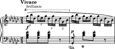 
\new PianoStaff <<
\new Staff = "Up" \with { \magnifyStaff #3/4 } <<
\new Voice \relative c' {
\clef treble
\tempo "Vivace"

\set Score.tempoHideNote = ##t \tempo 4 = 116

\time 2/4
\key ges \major
\ottava #1
\override TupletBracket.bracket-visibility = #'if-no-beam
\tuplet 3/2 8 {ges'''16^\markup{\italic brilliante} ([bes des,] ges ees ges des [ges bes,] des ges, bes}
\ottava #0
\omit TupletNumber
\tuplet 3/2 8 {ges16 [bes des,] ges ees ges des [ges bes,] des ges, bes)}
}
>>
\new Staff = "Down" \with { \magnifyStaff #3/4 } <<
\new Voice \relative c{
\clef bass
\key ges \major
\dynamicUp
<ges' bes des ges>8-. \f [<ges ces ees ges>-. <ges bes des ges>-.] r <ges, ges'>-. \p \sustainOn <ces' ees ges>-. \sustainOff [<bes des ges>-.] r
}
>>
>>
