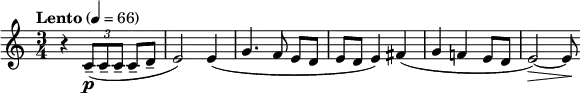  \relative c' { \clef treble \time 3/4 \tempo "Lento" 4 = 66 r4 \times 2/3 { c8\p(-- c-- c-- } c-- d-- | e2) e4( | g4. f8 e[ d] | e d e4) fis( | g f! e8 d | e2)~\> e8\! } 