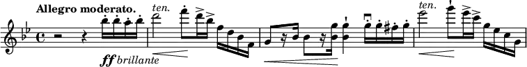 
\relative c' { \key bes \major \time 4/4 \tempo "Allegro moderato."
 r2 r4 bes''16-._\markup { \dynamic ff \italic brillante } bes-. a-. bes-. d2\< ^\markup \italic ten. f8-.\! d16-> bes-> f d bes f
 g8\<[ r16 bes] bes8[ r16 <g' bes,>\!] <g bes,>4-! g16-.\downbow g-. fis-. g-. es'2\< ^\markup \italic ten. g8-!\! es16-> c-> g es c g
}
