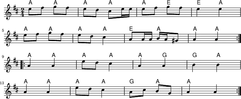 
<<
\new ChordNames {
   \set chordChanges = ###
   a4 a4 |%1
   a4 a4 |%2
   a4 a4 |%3
   e4 e4 |%4

   a4 a4 |%5
   a4 a4 |%6
   a4 e4 |%7
   a4 a4 |%8

   a4 a4 |%9
   a4 a4 |%10
   a4 a4 |%11
   g4 g4 |%12
   a4 a4 |%13
   a4 a4 |%14
   a4 g4 |%15
   a4 a4 |%16
}
\new Staff \relative c''{
\time 2/4
\key a \mixolydian
\repeat volta 2 { %start repeat
   e8 fis8 g8 fis8   |%1
   e8 d cis e16 e    |%2
   e8 fis g fis      |%3
   e4 e4             |%4
  \break
   e8 fis8 g fis     |%5
   e8 d8 cis4        |%6
   a8 a16 a b a gis8 |%7
   a4 a              |%8
  } %end repeat

  \break

  \repeat volta 2 { %start repeat
   a4 a              |%9
   e'8 d cis4        |%10
   a4 a              |%11
   b4 b              |%12
  \break
   a4 a              |%13
   e'8 d cis4        |%14
   a8 cis b g        |%15
   a4 a              |%16
   }
}
>>
