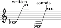 
    {
      \new Staff \with { \remove "Time_signature_engraver" }
      \clef treble \key c \major \cadenzaOn
      bes1 ^ \markup "written" \glissando f'''1
      ees1 ^ \markup "sounds" \glissando bes''1
    }
  