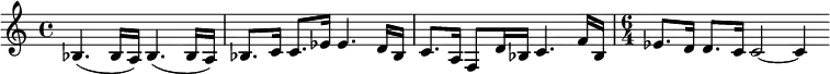  \relative c' { \clef treble \time 4/4 \tempo 4 = 60 \set Score.tempoHideNote = ##t bes4.( bes16 a) bes4.( bes16 a) | bes8. c16 c8. ees16 ees4. d16 bes | c8. a16 f8 d'16 bes c4. f16 bes, | \time 6/4 ees8. d16 d8. c16 c2~ c4 } 