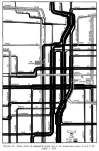 Schematic map of streetcar and interurban lines serving Downtown Los Angeles; April 1, 1924.